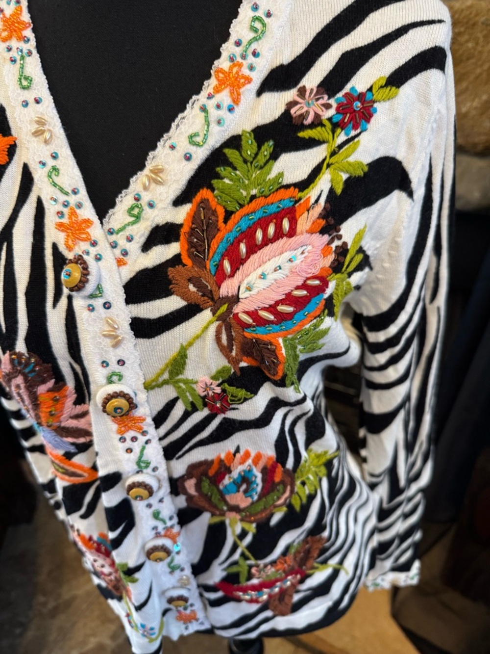 Women's Black & White Zebra Floral Embroidered Cardigan - Picture 2 of 10